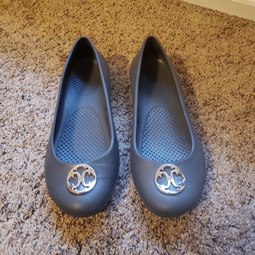 Gray Crocs Flat with silver toe detail
